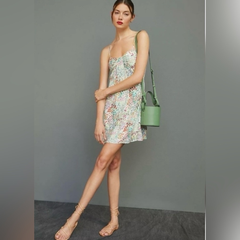 Hutch x Anthropologie White and Green Floral Mini Dress